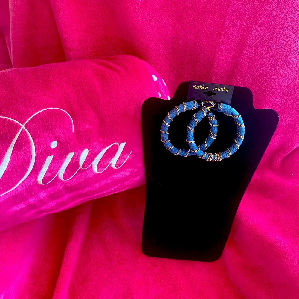 Fashion Jewelry Denim and Gold Chain Hoop Earrings